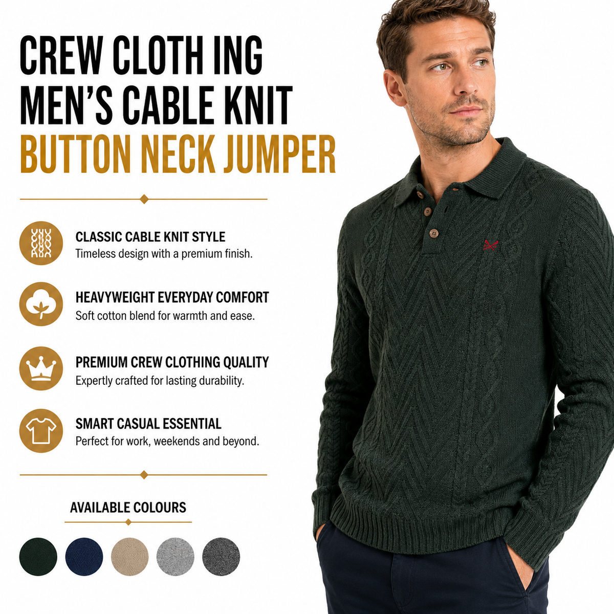 Crew Clothing Company Cable Knit Button Neck Jumper Recycled Cotton - QHA UK
