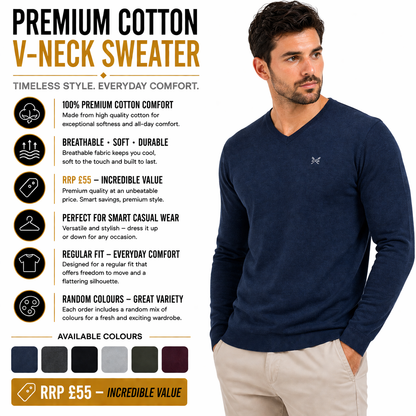 Crew Clothing Mens V Neck Jumper Cotton Knit Sweater Casual Regular Fi - Collar Detail - QHA UK