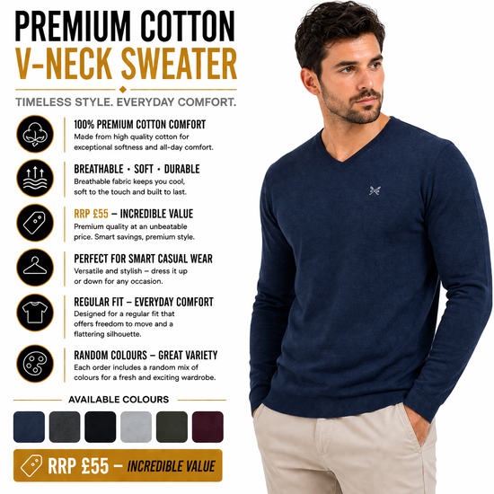 Crew Clothing Mens V Neck Jumper Cotton Knit Sweater Casual Regular Fi - Collar Detail - QHA UK