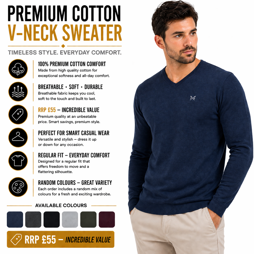 Crew Clothing Mens V Neck Jumper Cotton Knit Sweater Casual Regular Fi - Collar Detail - QHA UK