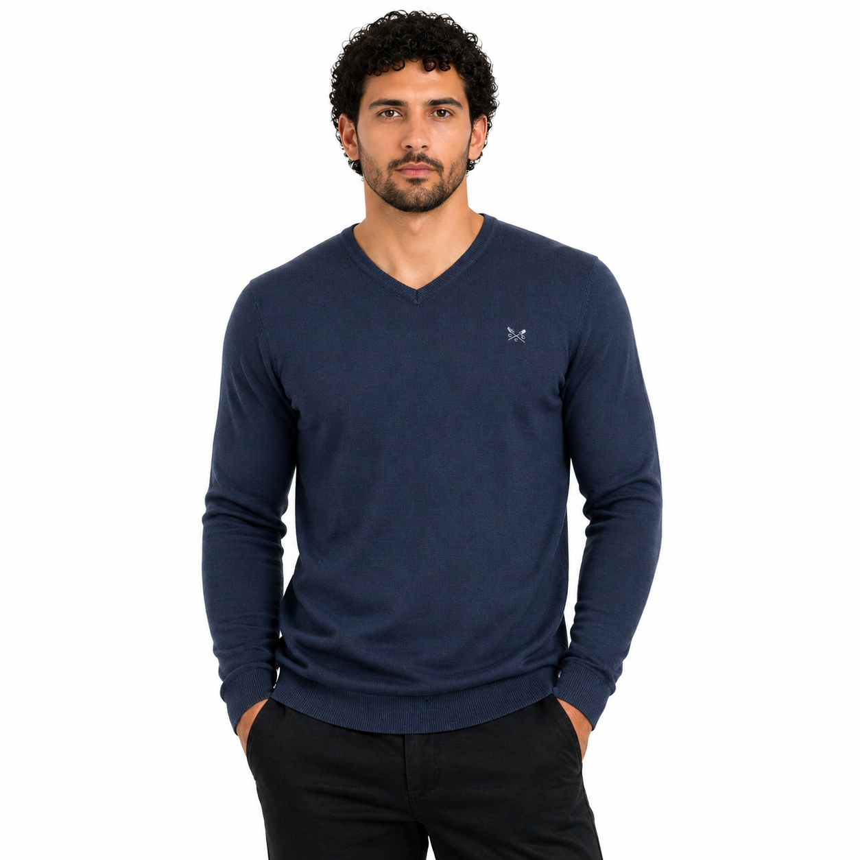 Crew Clothing Mens V Neck Jumper Cotton Knit Sweater Casual Regular Fi - Collar Detail - QHA UK