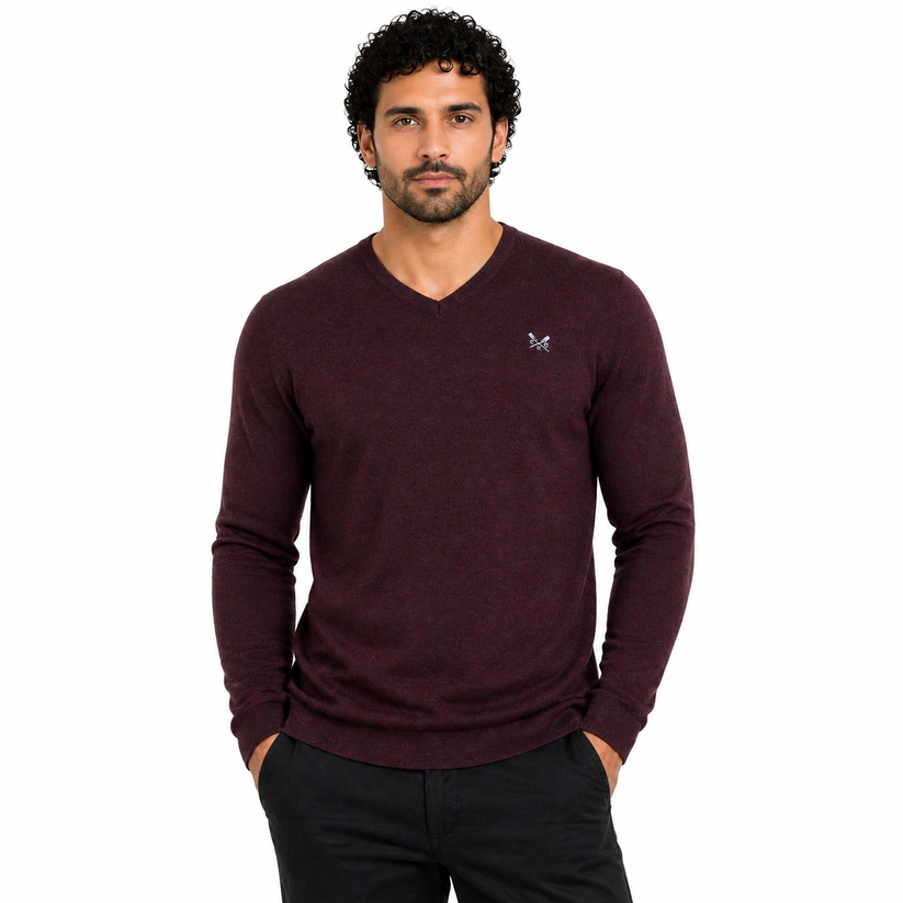 Crew Clothing Mens V Neck Jumper Cotton Knit Sweater Casual Regular Fi - Collar Detail - QHA UK