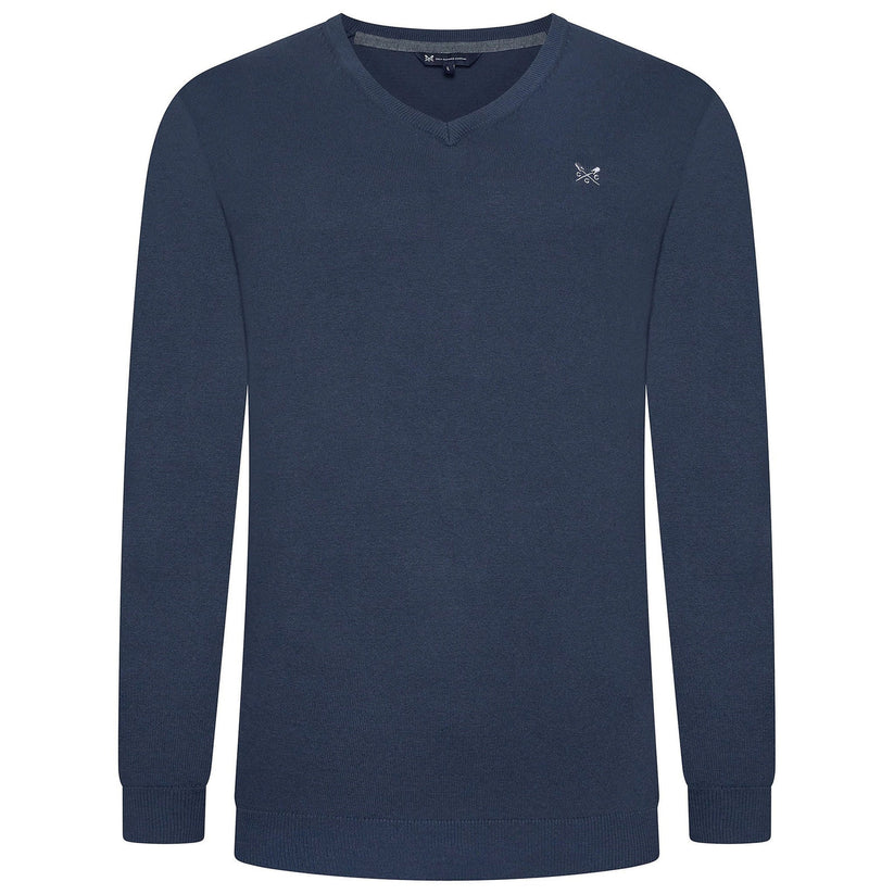 Crew Clothing Mens V Neck Jumper Cotton Knit Sweater Casual Regular Fi - Sleeve Detail - QHA UK