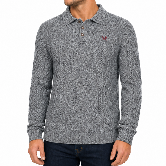 Crew Clothing Company Men's Cable Knit Button Neck Jumper | 6 Colours | XS–3XL - Collar Detail - QHA UK