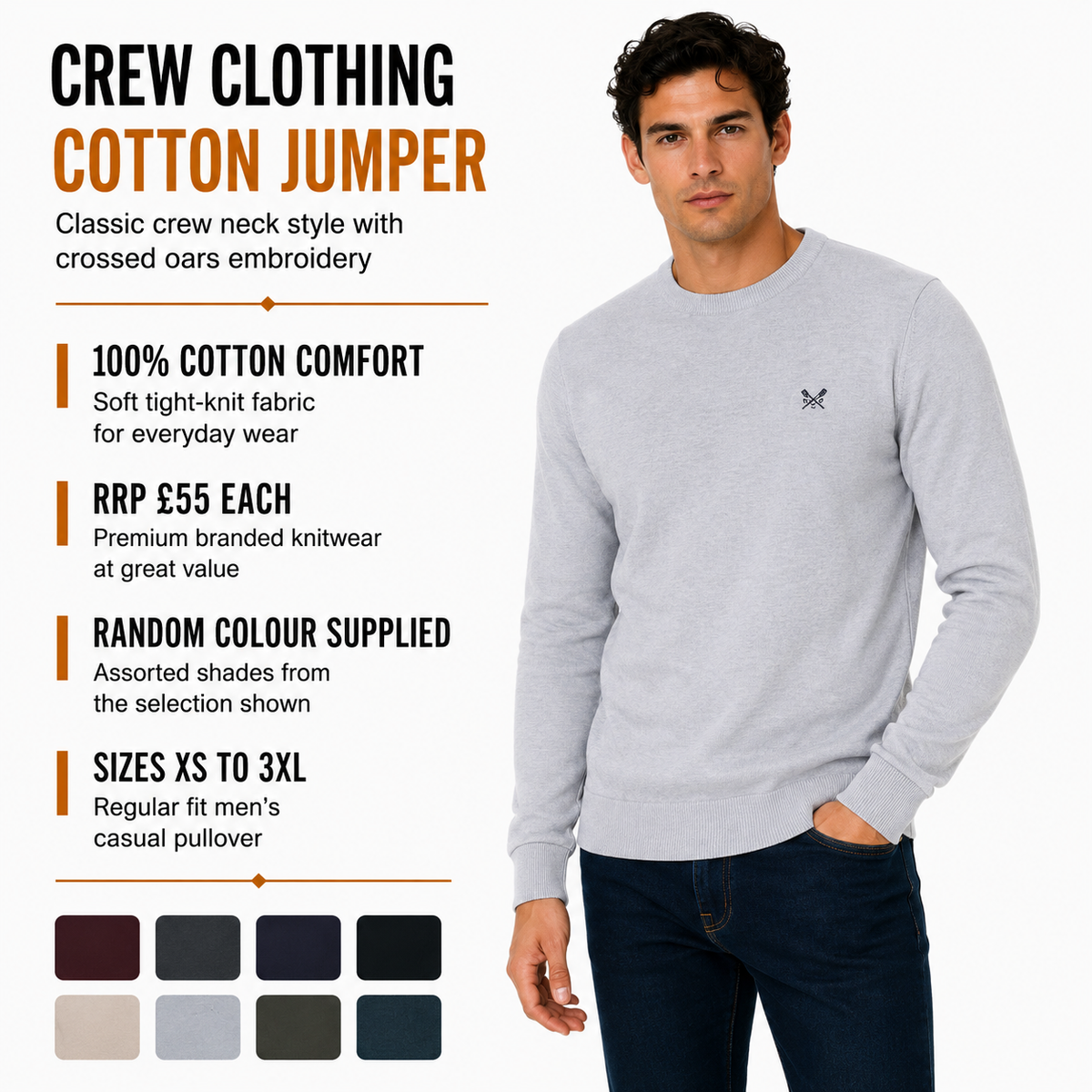 Crew Clothing Men's Cotton Crew Neck Jumper | Random Colour | XS–3XL - Collar Detail - QHA UK