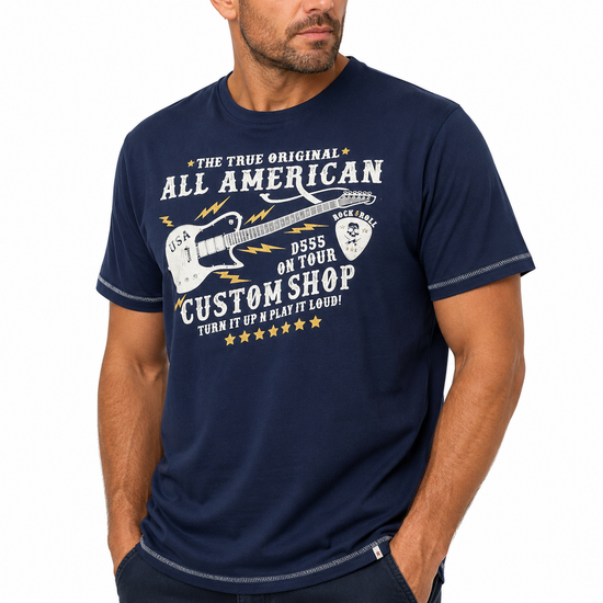 D555 Men's BRONTE All American Guitar Printed T-Shirt in Navy 2XL to 6 - QHA UK