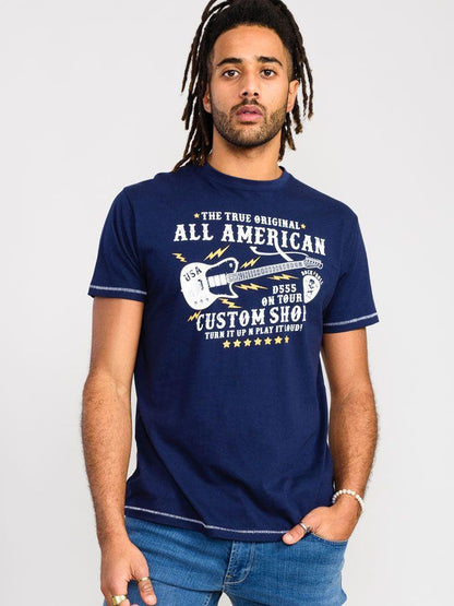 D555 Men's BRONTE All American Guitar Printed T-Shirt in Navy 2XL to 6 - QHA UK