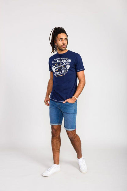 D555 Men's BRONTE All American Guitar Printed T-Shirt in Navy 2XL to 6 - QHA UK