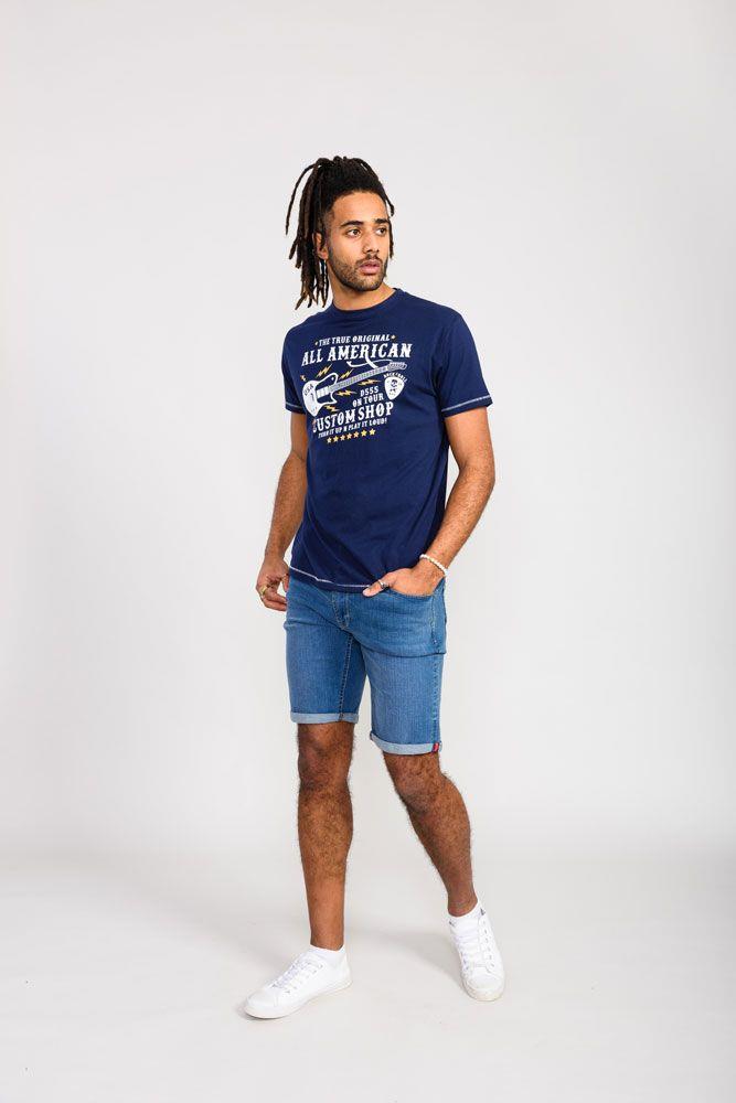 D555 Men's BRONTE All American Guitar Printed T-Shirt in Navy 2XL to 6 - QHA UK