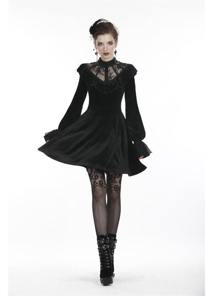 Dark in Love Gothic Dress Avina Black Velvet Lace Neckline Long Sleeve - QHA UK