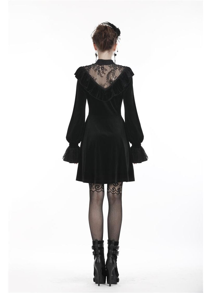 Dark in Love Gothic Dress Avina Black Velvet Lace Neckline Long Sleeve - Sleeve Detail - QHA UK