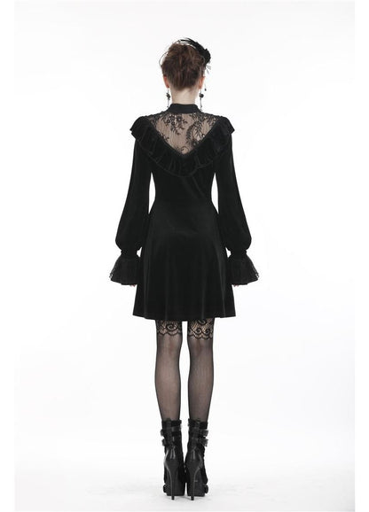 Dark in Love Gothic Dress Avina Black Velvet Lace Neckline Long Sleeve - Sleeve Detail - QHA UK