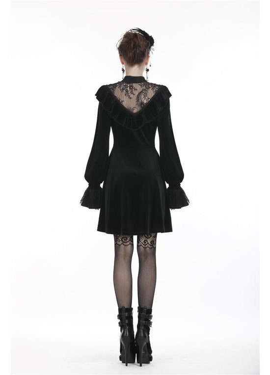 Dark in Love Gothic Dress Avina Black Velvet Lace Neckline Long Sleeve - Sleeve Detail - QHA UK