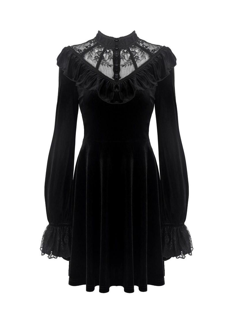 Dark in Love Gothic Dress Avina Black Velvet Lace Neckline Long Sleeve - Sleeve Detail - QHA UK
