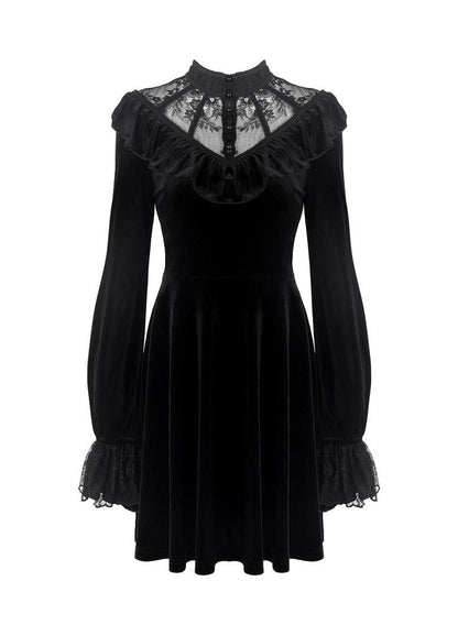 Dark in Love Gothic Dress Avina Black Velvet Lace Neckline Long Sleeve - Sleeve Detail - QHA UK