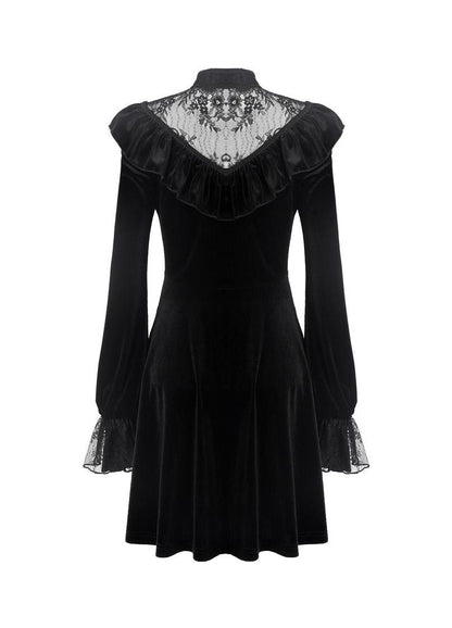 Dark in Love Gothic Dress Avina Black Velvet Lace Neckline Long Sleeve - Sleeve Detail - QHA UK