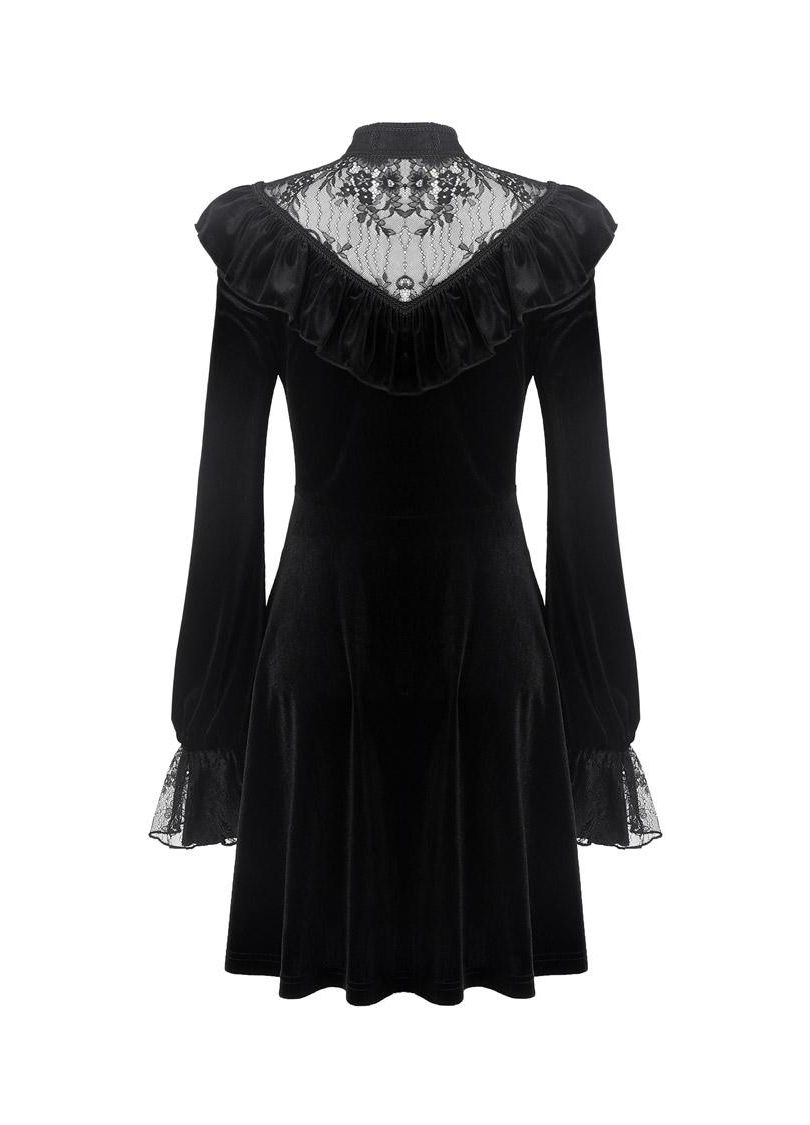 Dark in Love Gothic Dress Avina Black Velvet Lace Neckline Long Sleeve - Sleeve Detail - QHA UK