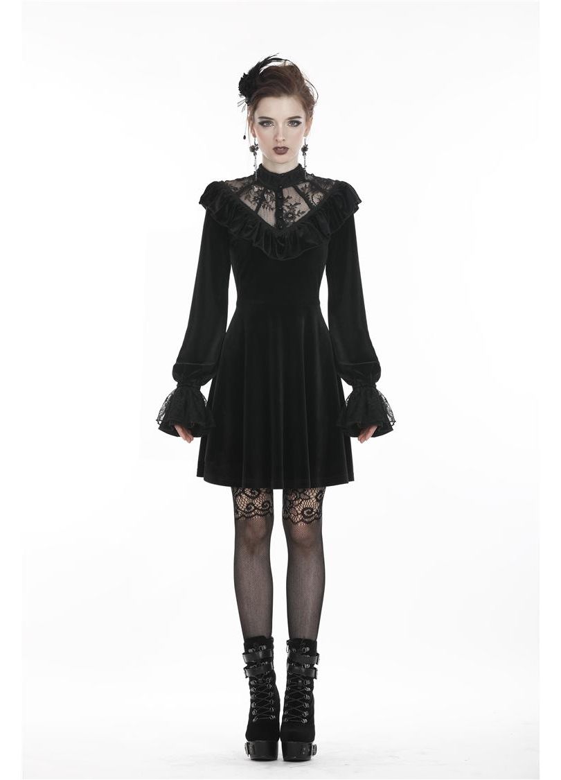 Dark in Love Gothic Dress Avina Black Velvet Lace Neckline Long Sleeve - Sleeve Detail - QHA UK