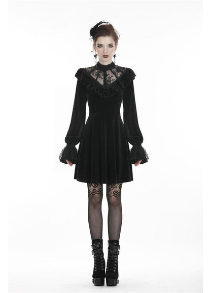 Dark in Love Gothic Dress Avina Black Velvet Lace Neckline Long Sleeve - Sleeve Detail - QHA UK