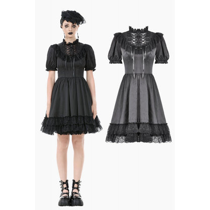 Dark in Love Gothic Dress Belladonna Lace-Up High Collar Puff-Sleeve - QHA UK
