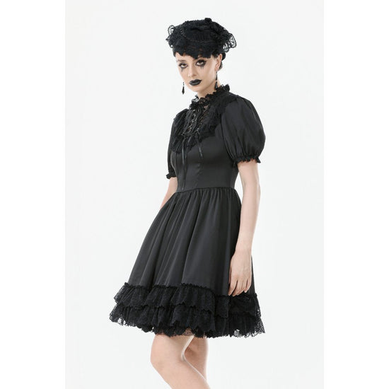 Dark in Love Gothic Dress Belladonna Lace-Up High Collar Puff-Sleeve - Collar Detail - QHA UK