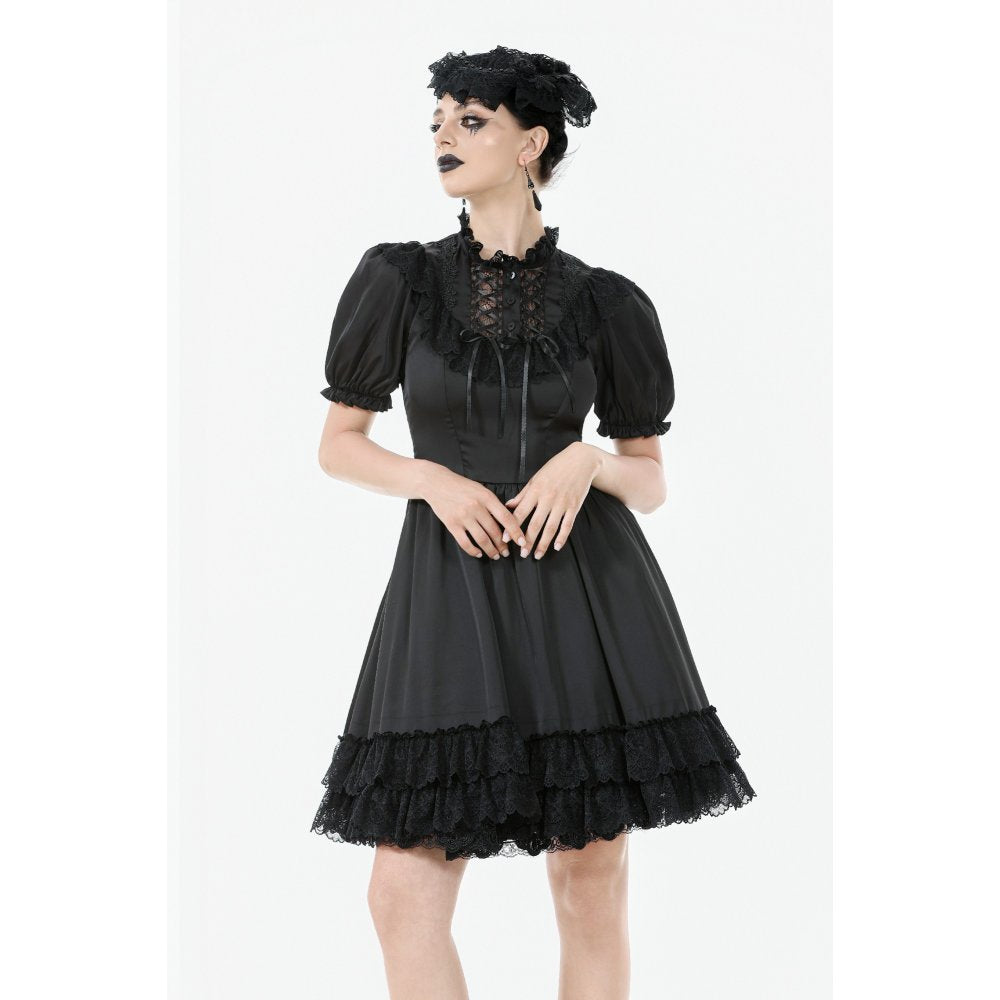 Dark in Love Gothic Dress Belladonna Lace-Up High Collar Puff-Sleeve - Collar Detail - QHA UK