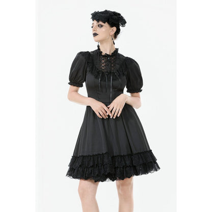 Dark in Love Gothic Dress Belladonna Lace-Up High Collar Puff-Sleeve - Collar Detail - QHA UK