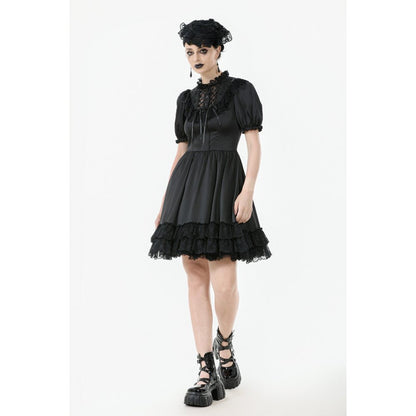 Dark in Love Gothic Dress Belladonna Lace-Up High Collar Puff-Sleeve - Collar Detail - QHA UK