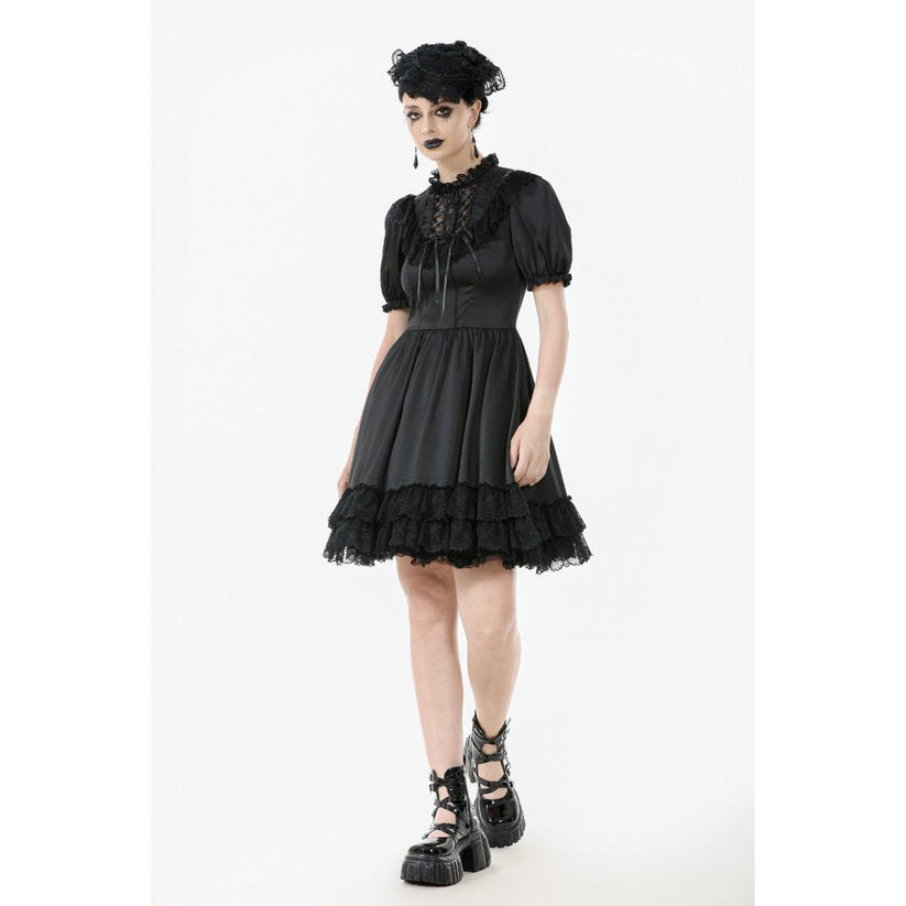 Dark in Love Gothic Dress Belladonna Lace-Up High Collar Puff-Sleeve - Collar Detail - QHA UK