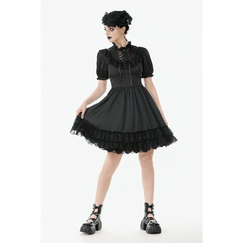 Dark in Love Gothic Dress Belladonna Lace-Up High Collar Puff-Sleeve - Collar Detail - QHA UK