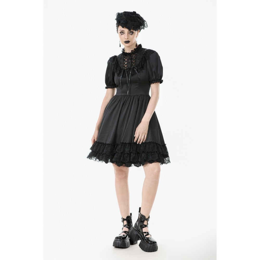 Dark in Love Gothic Dress Belladonna Lace-Up High Collar Puff-Sleeve - Collar Detail - QHA UK
