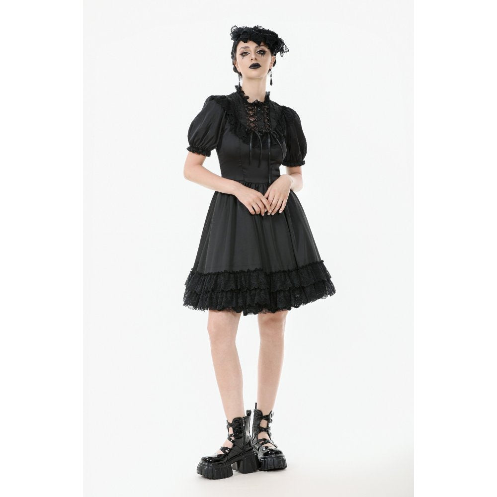 Dark in Love Gothic Dress Belladonna Lace-Up High Collar Puff-Sleeve - Collar Detail - QHA UK