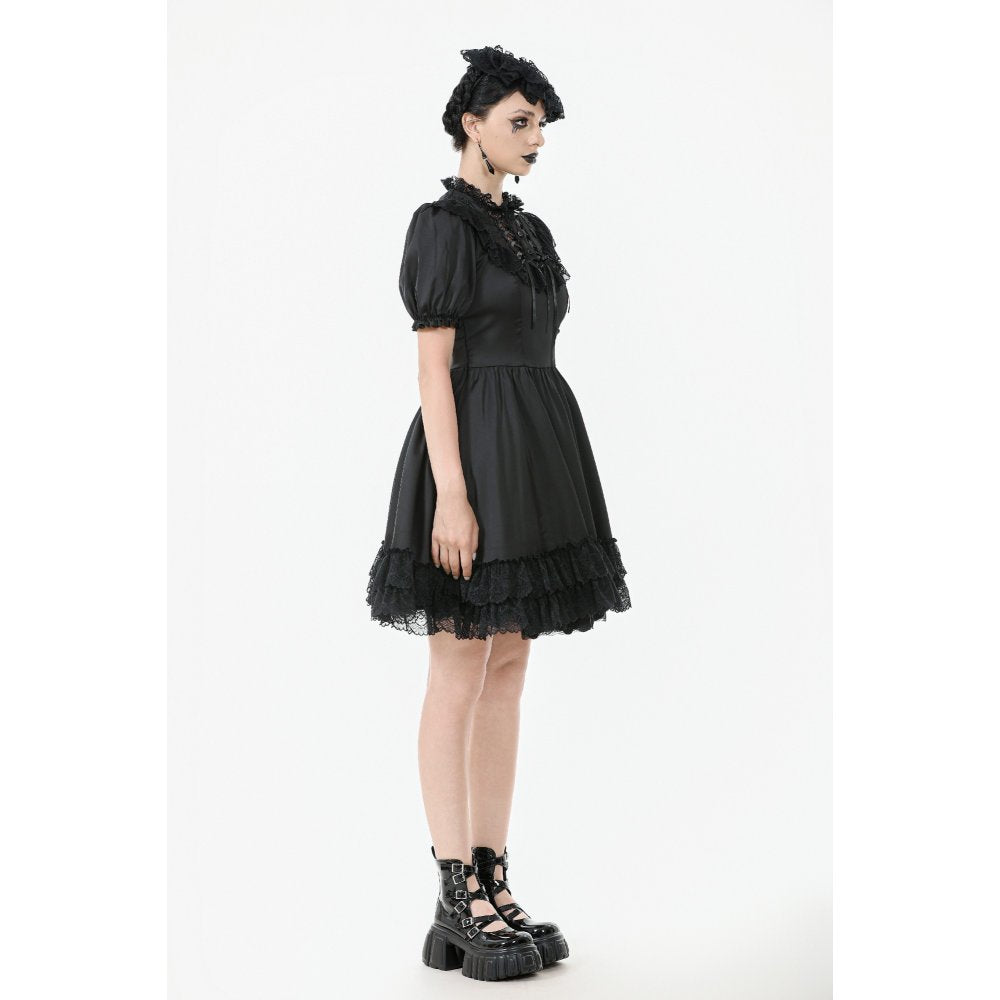 Dark in Love Gothic Dress Belladonna Lace-Up High Collar Puff-Sleeve - Collar Detail - QHA UK