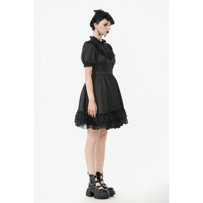 Dark in Love Gothic Dress Belladonna Lace-Up High Collar Puff-Sleeve - Collar Detail - QHA UK