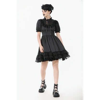 Dark in Love Gothic Dress Belladonna Lace-Up High Collar Puff-Sleeve - Collar Detail - QHA UK