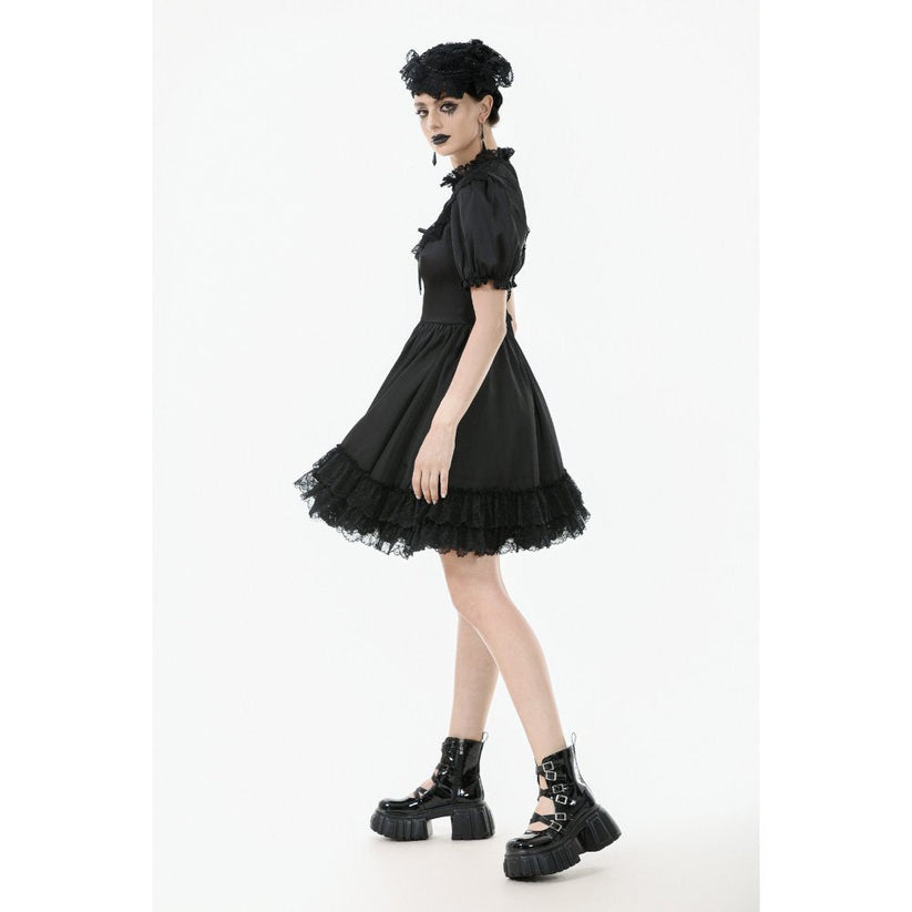 Dark in Love Gothic Dress Belladonna Lace-Up High Collar Puff-Sleeve - Collar Detail - QHA UK