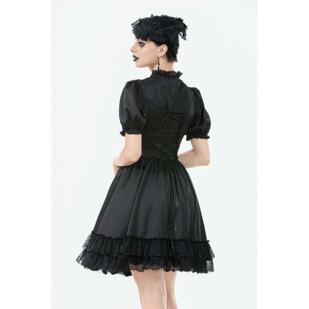 Dark in Love Gothic Dress Belladonna Lace-Up High Collar Puff-Sleeve - Collar Detail - QHA UK