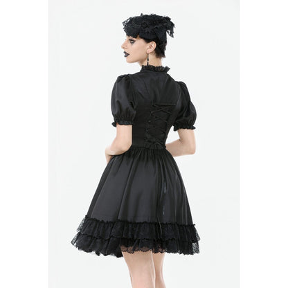 Dark in Love Gothic Dress Belladonna Lace-Up High Collar Puff-Sleeve - Collar Detail - QHA UK