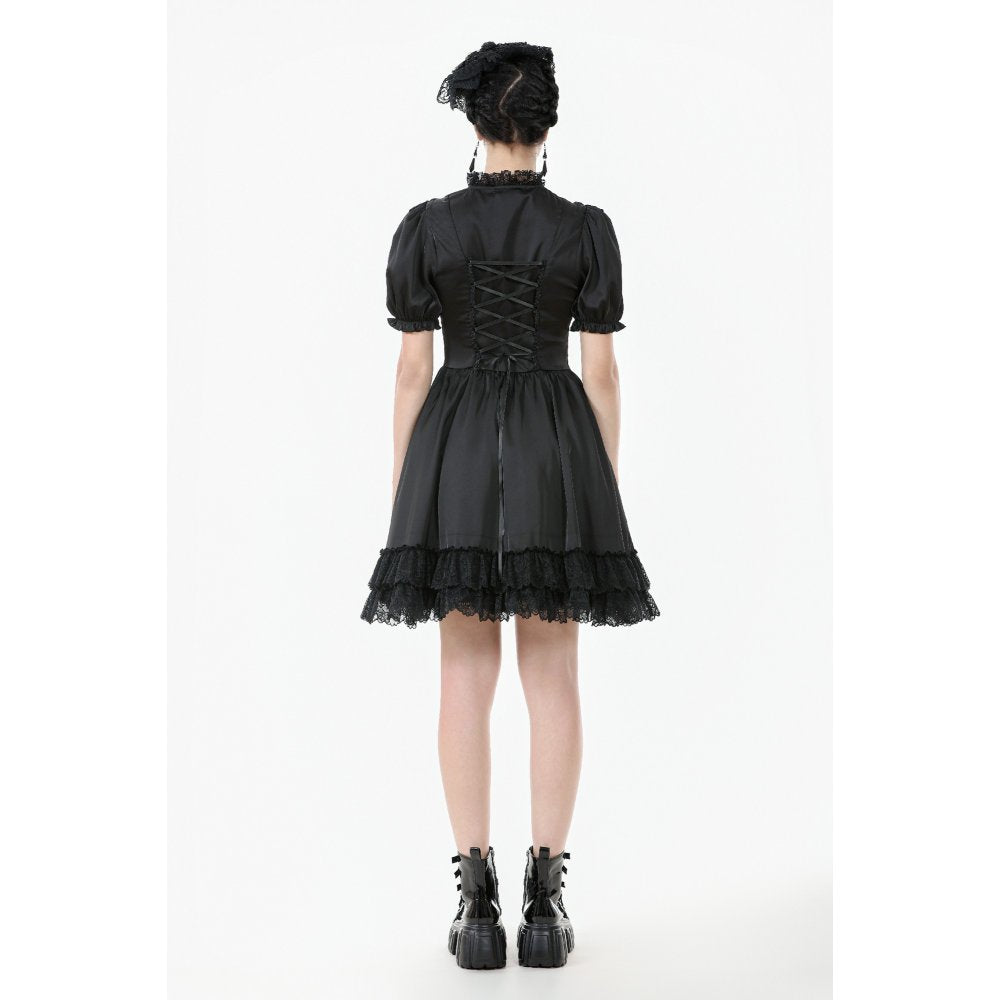 Dark in Love Gothic Dress Belladonna Lace-Up High Collar Puff-Sleeve - Collar Detail - QHA UK