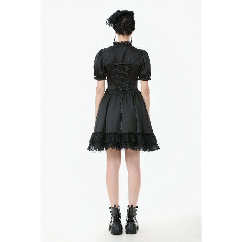 Dark in Love Gothic Dress Belladonna Lace-Up High Collar Puff-Sleeve - Collar Detail - QHA UK