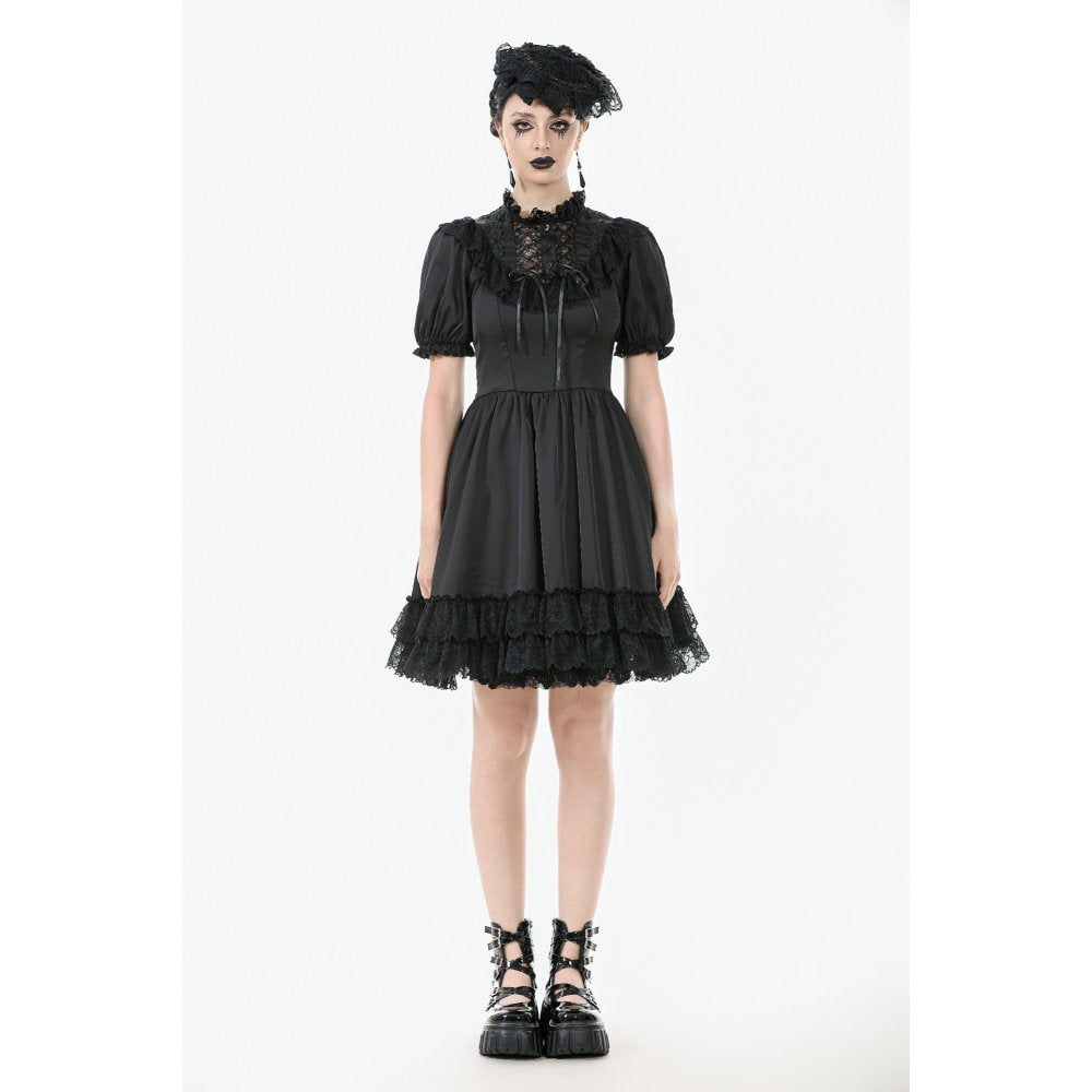 Dark in Love Gothic Dress Belladonna Lace-Up High Collar Puff-Sleeve - Collar Detail - QHA UK