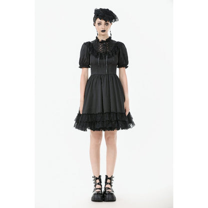 Dark in Love Gothic Dress Belladonna Lace-Up High Collar Puff-Sleeve - Collar Detail - QHA UK