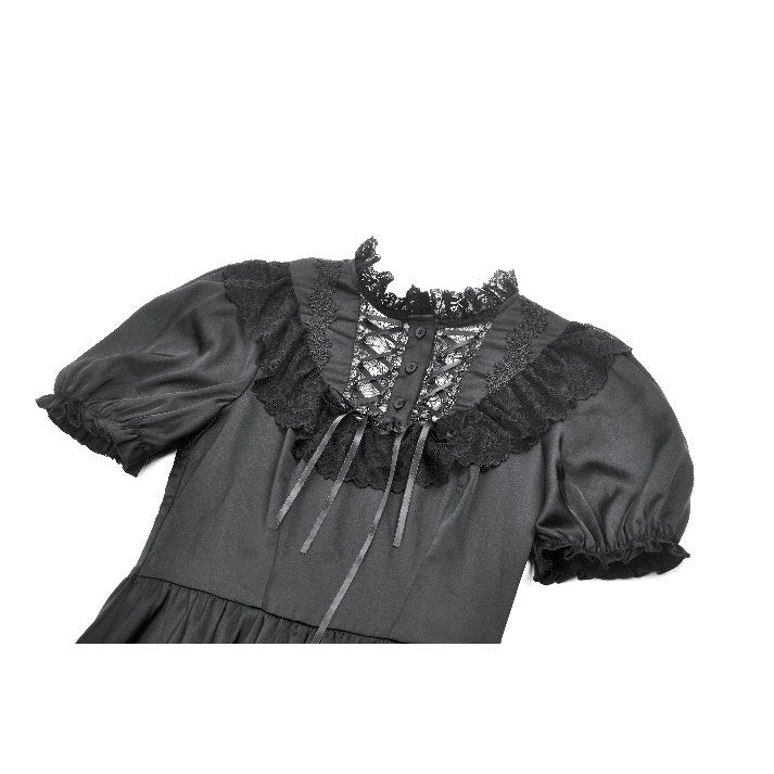 Dark in Love Gothic Dress Belladonna Lace-Up High Collar Puff-Sleeve - Collar Detail - QHA UK