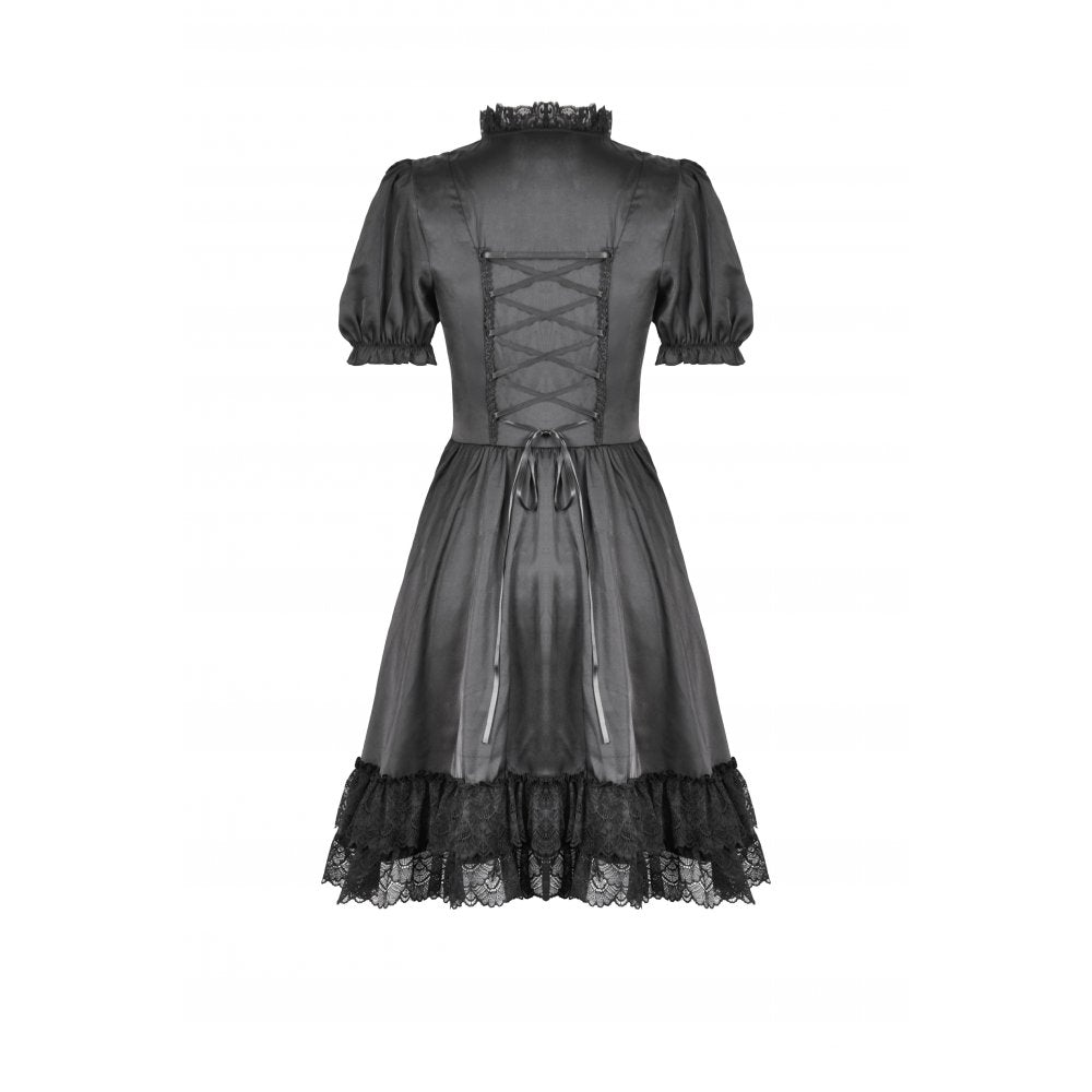 Dark in Love Gothic Dress Belladonna Lace-Up High Collar Puff-Sleeve - Collar Detail - QHA UK