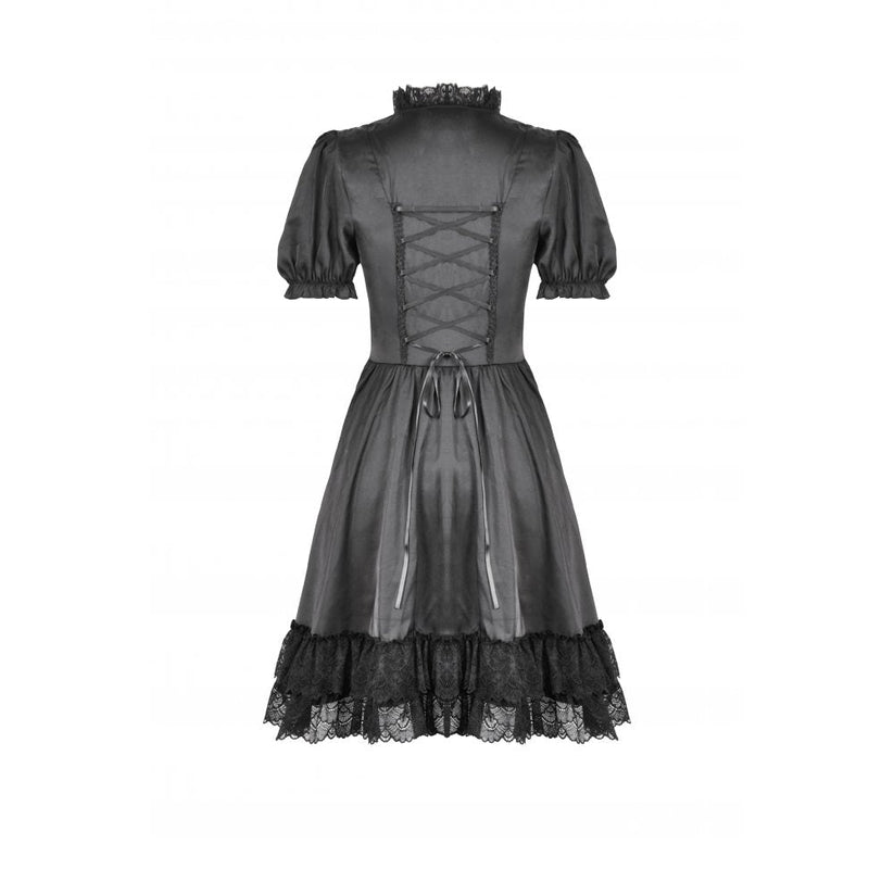 Dark in Love Gothic Dress Belladonna Lace-Up High Collar Puff-Sleeve - Collar Detail - QHA UK