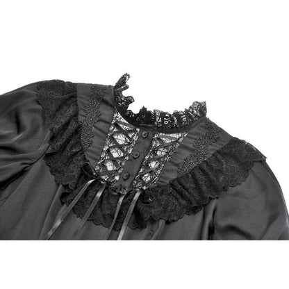 Dark in Love Gothic Dress Belladonna Lace-Up High Collar Puff-Sleeve - Collar Detail - QHA UK