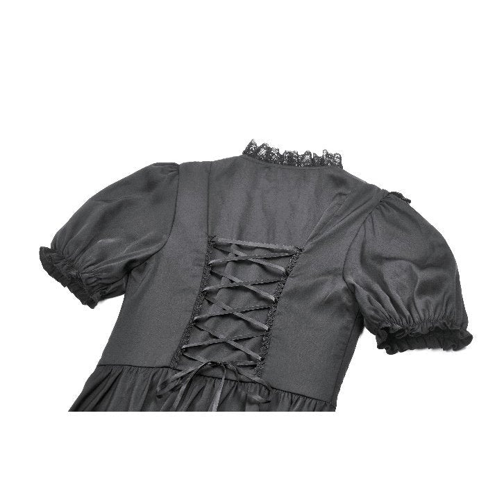 Dark in Love Gothic Dress Belladonna Lace-Up High Collar Puff-Sleeve - Collar Detail - QHA UK