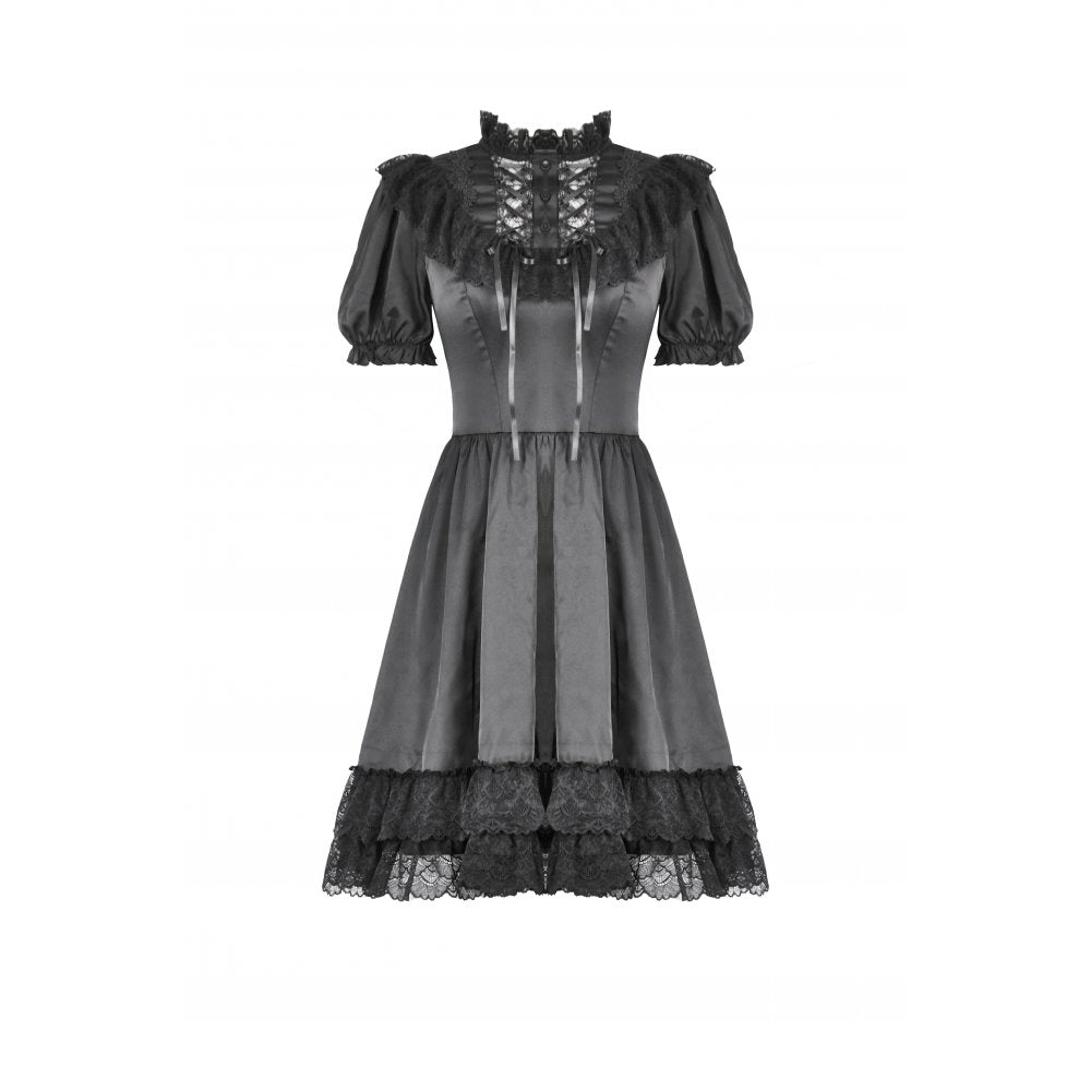 Dark in Love Gothic Dress Belladonna Lace-Up High Collar Puff-Sleeve - Collar Detail - QHA UK