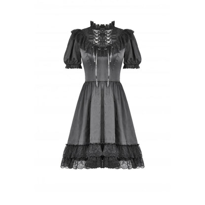 Dark in Love Gothic Dress Belladonna Lace-Up High Collar Puff-Sleeve - Collar Detail - QHA UK