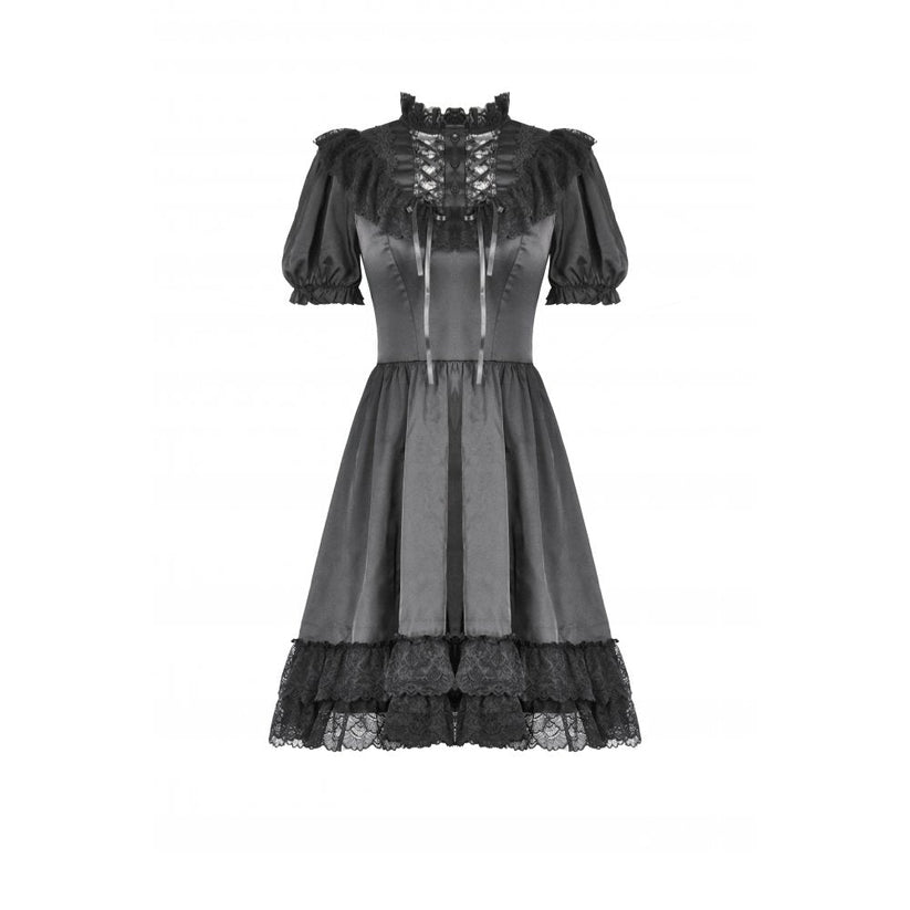 Dark in Love Gothic Dress Belladonna Lace-Up High Collar Puff-Sleeve - Collar Detail - QHA UK